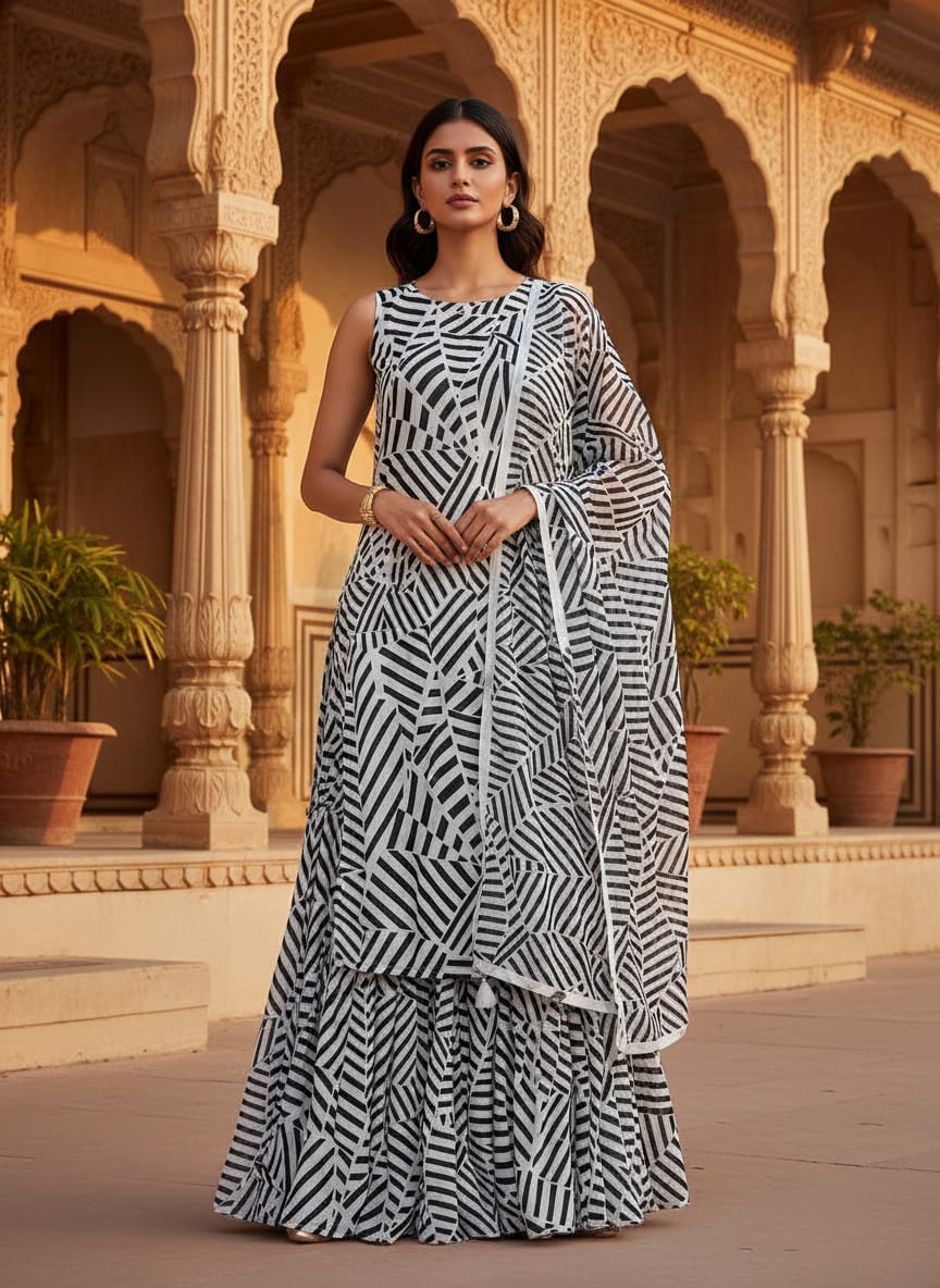 Black Geometric Striped Pattern Pure Georgette Digital Printed Fabric