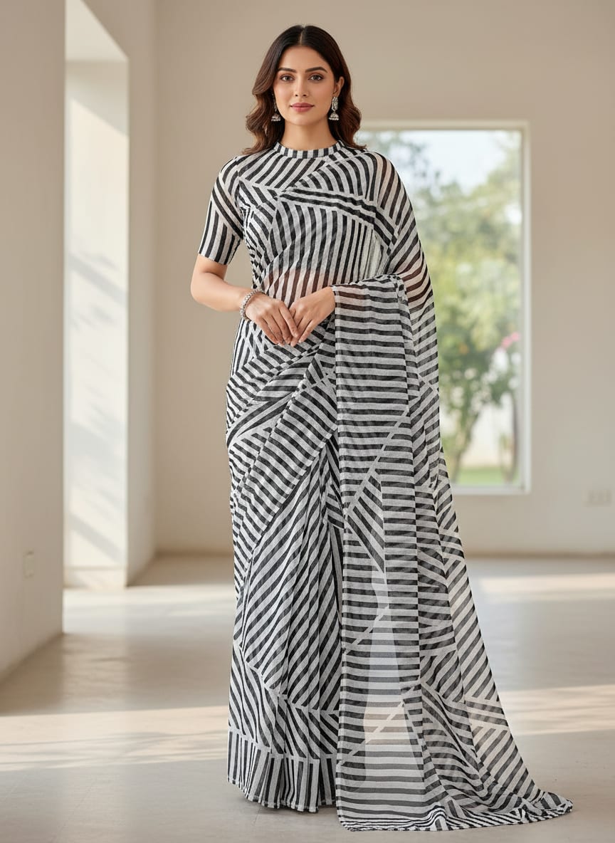 Black Geometric Striped Pattern Pure Georgette Digital Printed Fabric
