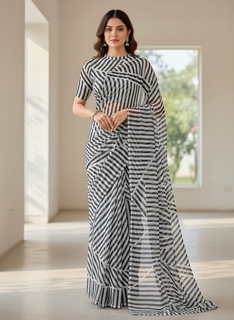 Black Geometric Striped Pattern Pure Georgette Digital Printed Fabric