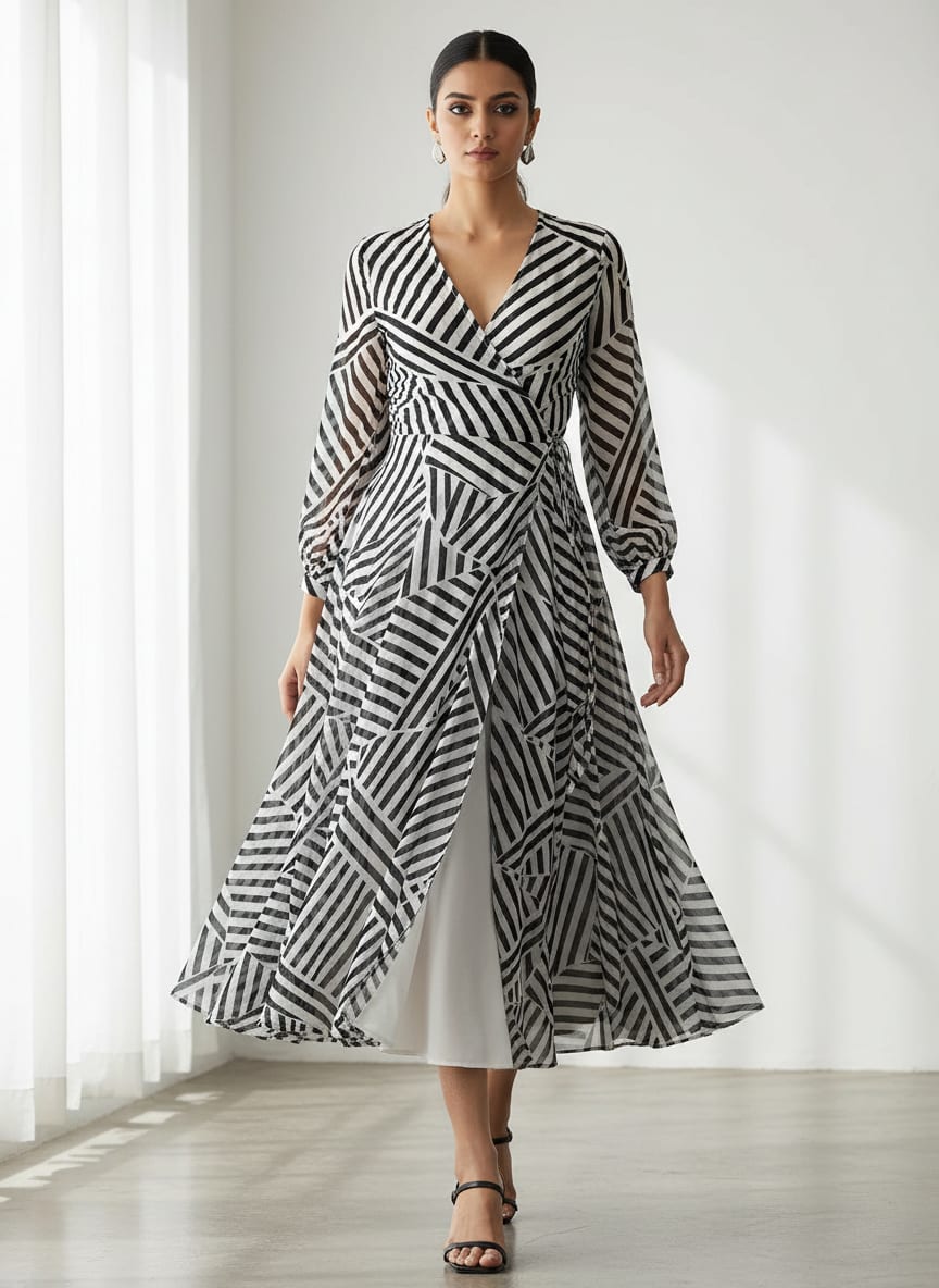 Black Geometric Striped Pattern Pure Georgette Digital Printed Fabric