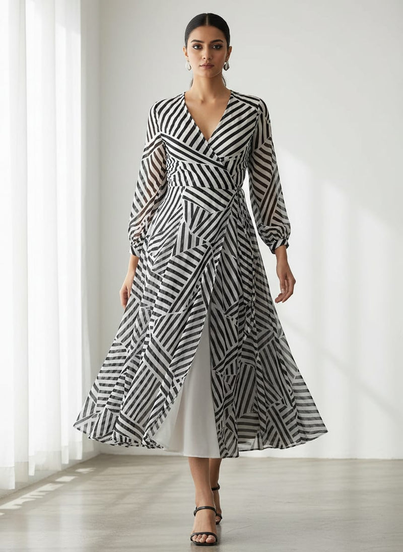 Black Geometric Striped Pattern Pure Georgette Digital Printed Fabric