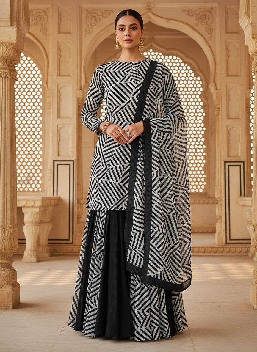 Black Geometric Striped Pattern Pure Georgette Digital Printed Fabric