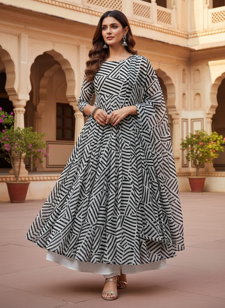 Black Geometric Striped Pattern Pure Georgette Digital Printed Fabric