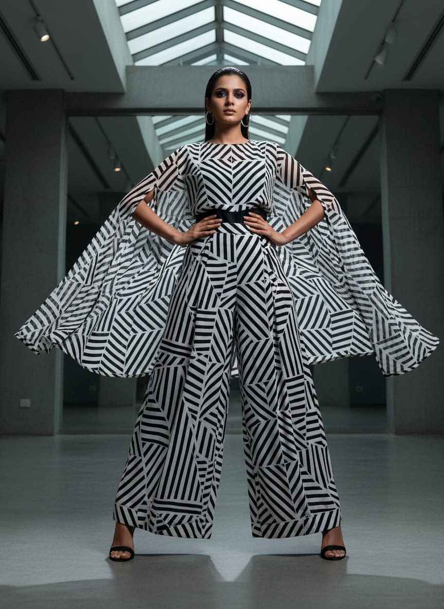 Black Geometric Striped Pattern Pure Georgette Digital Printed Fabric