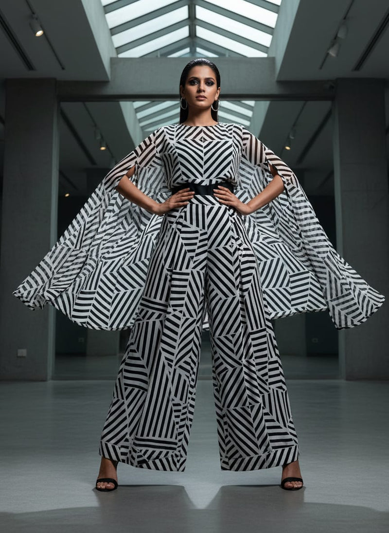 Black Geometric Striped Pattern Pure Georgette Digital Printed Fabric
