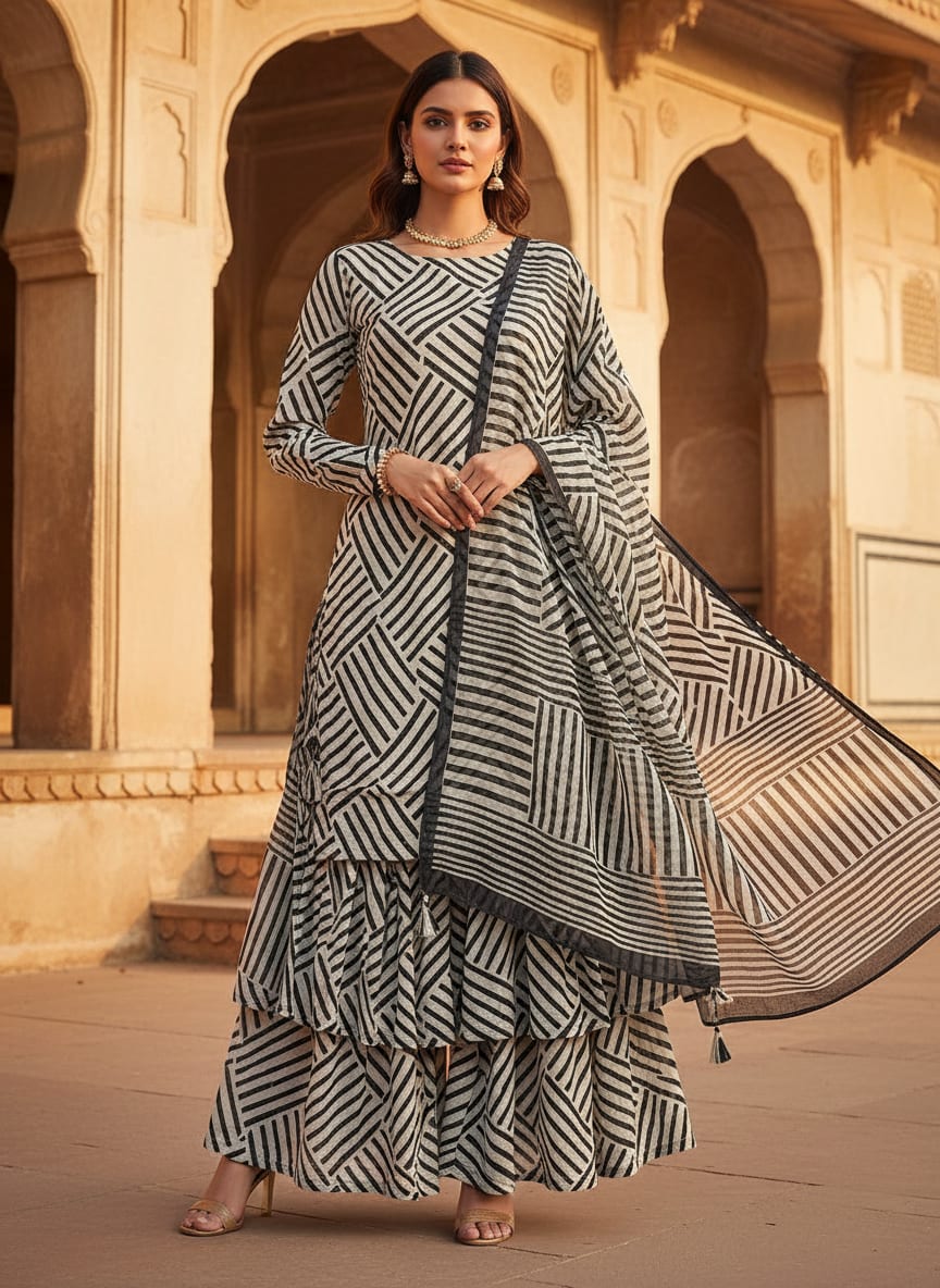 Attractive Black Strips With Bone Colour Digital Printed Fabric - Pure Chinon
