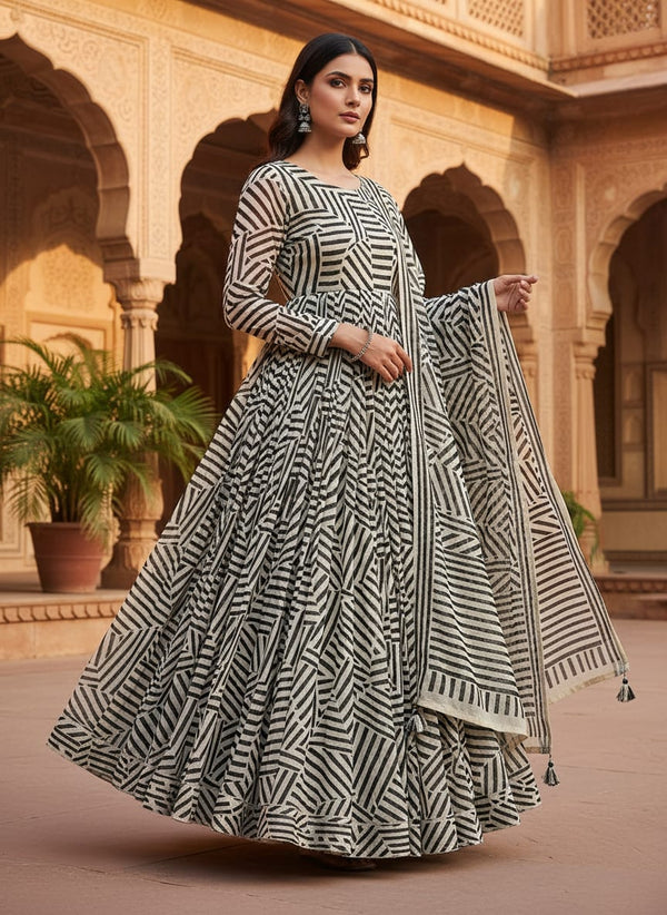 Attractive Black Strips With Bone Colour Digital Printed Fabric - Pure Chinon - Anarkali Kurta Set Lookbook - PC-0-TA0078-106 - alternate view