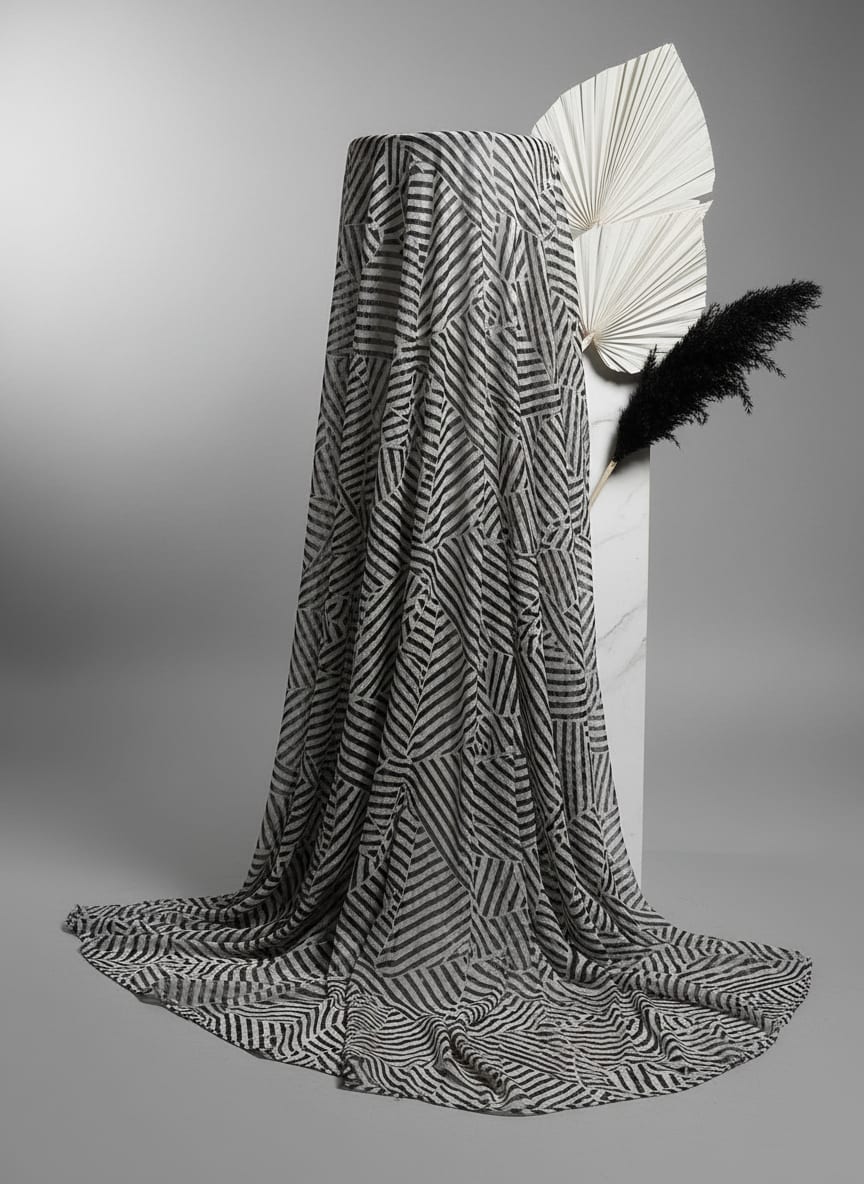Attractive Black Strips With Bone Colour Digital Printed Fabric - Pure Chiffon