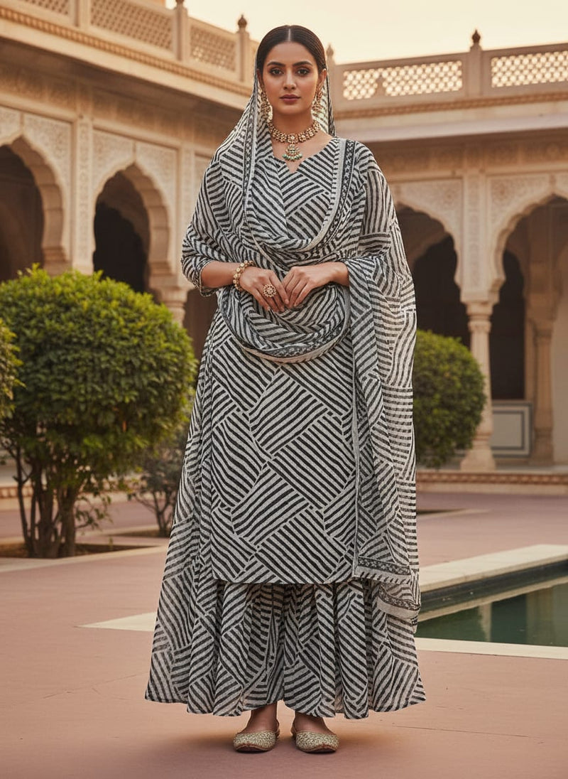 Attractive Black Strips With Bone Colour Digital Printed Fabric - Pure Chiffon