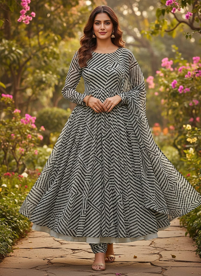 Attractive Black Strips With Bone Colour Digital Printed Fabric - Pure Chiffon