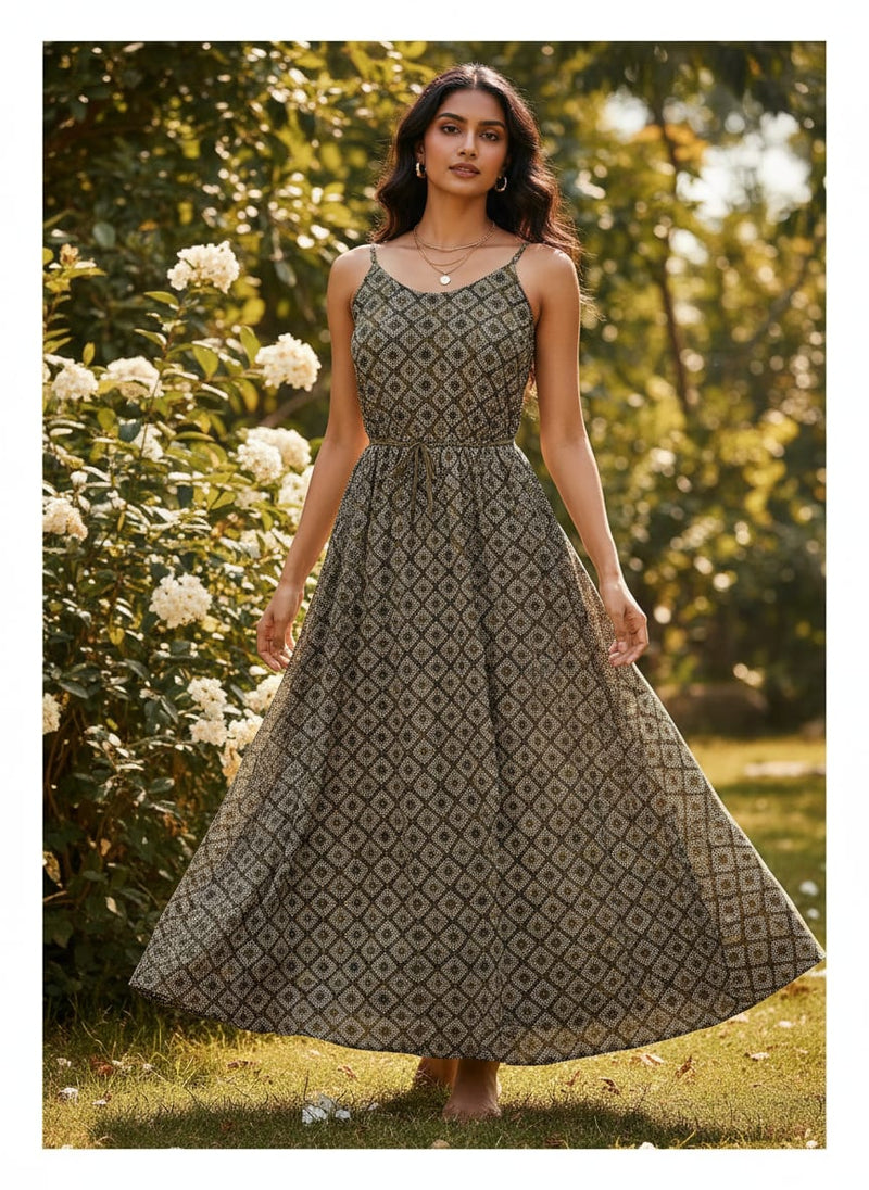 Olive Ethnic Geometric Dotted Pattern Weightless Digital Printed Fabric