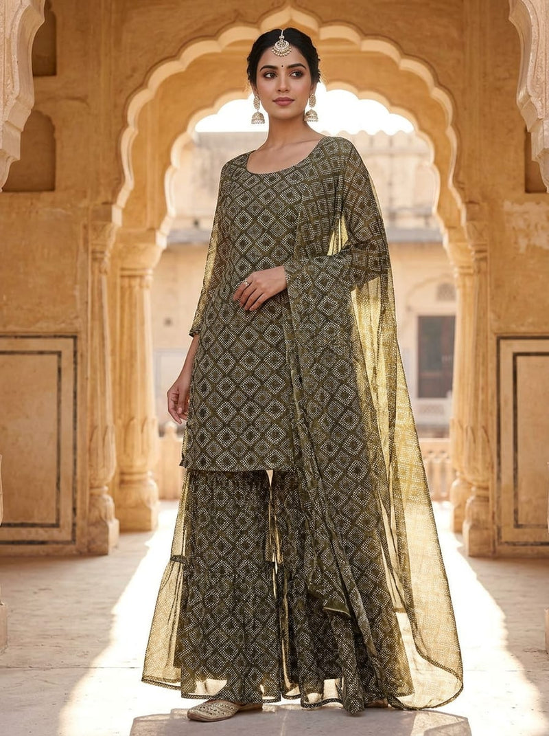 Olive Ethnic Geometric Dotted Pattern Weightless Digital Printed Fabric