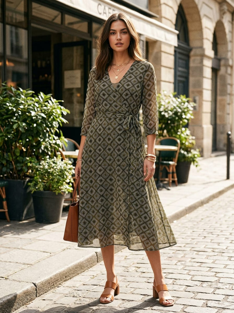 Olive Ethnic Geometric Dotted Pattern Weightless Digital Printed Fabric