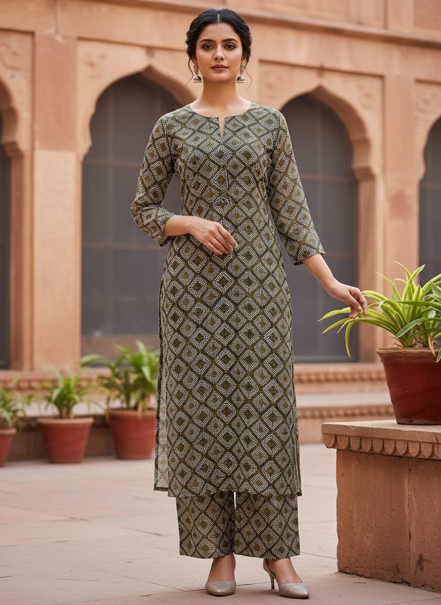 Olive Ethnic Diamond Dot Pattern Pure Muslin Digital Printed Fabric