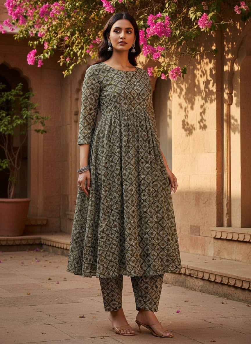 Olive Ethnic Diamond Dot Pattern Pure Muslin Digital Printed Fabric