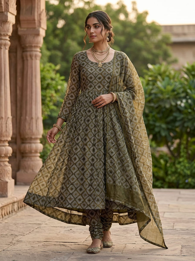 Olive Ethnic Dotted Diamond Pattern Upada Silk Digital Printed Fabric