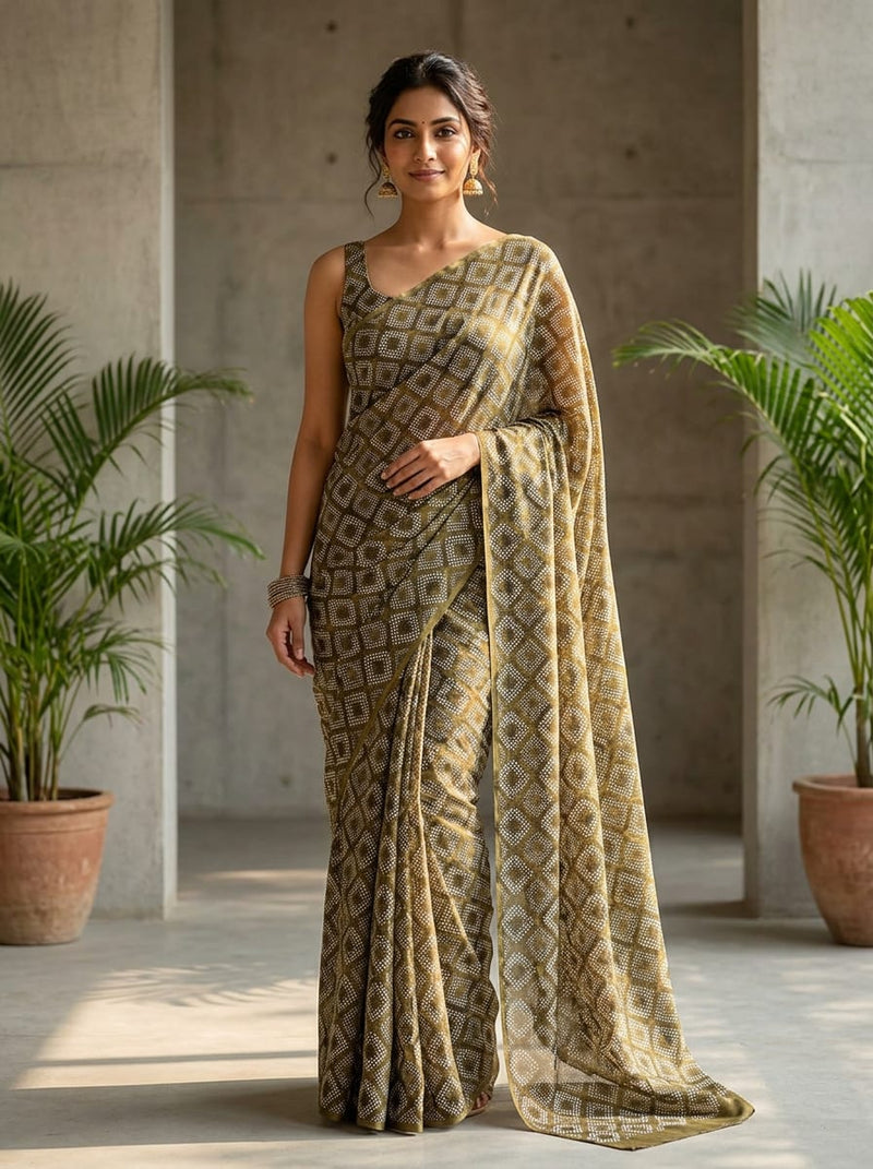 Olive Ethnic Dotted Diamond Pattern Upada Silk Digital Printed Fabric