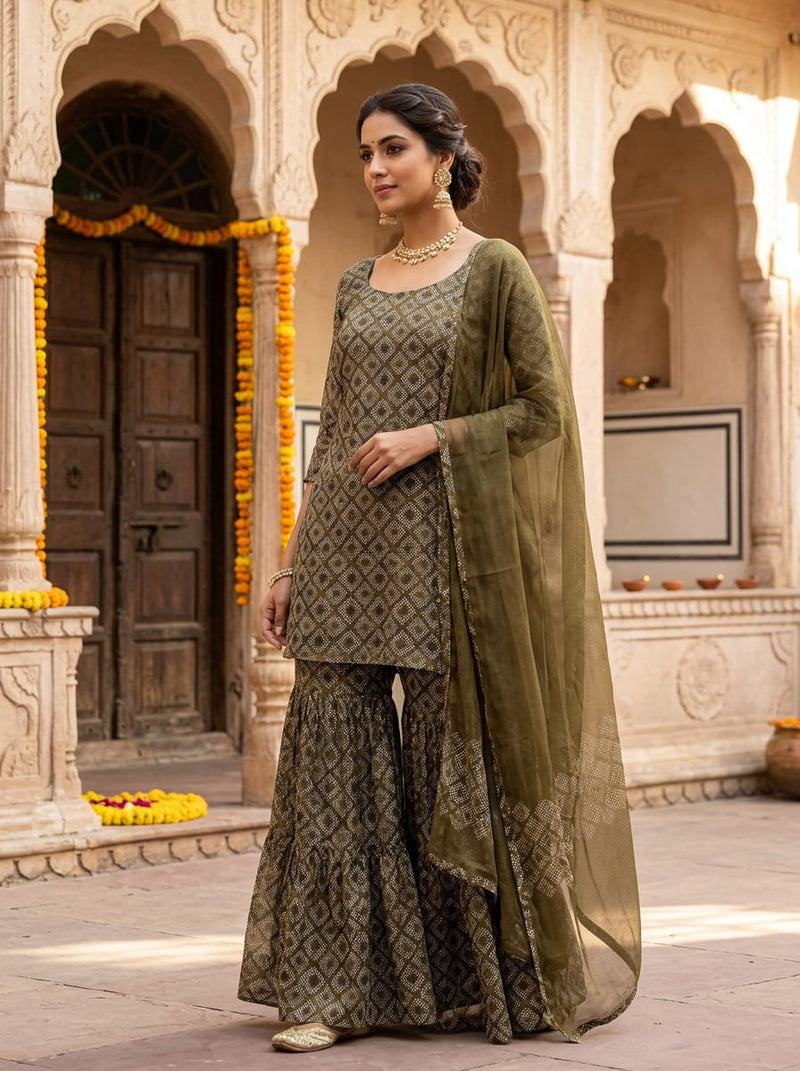 Olive Ethnic Dotted Diamond Pattern Upada Silk Digital Printed Fabric