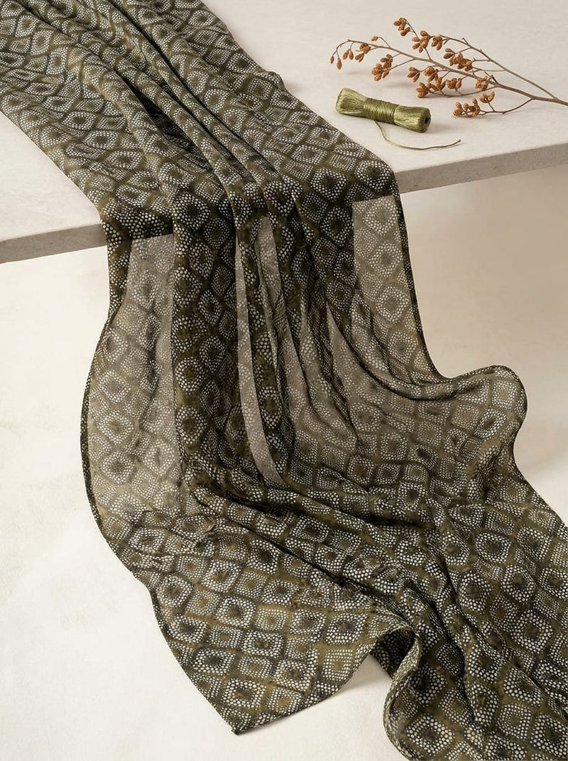 Olive Ethnic Dotted Diamond Pattern Upada Silk Digital Printed Fabric