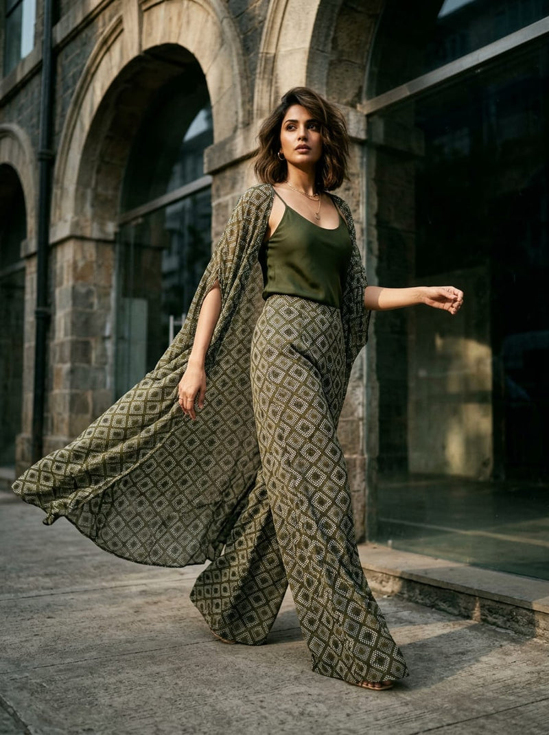 Olive Bohemian Dotted Diamond Pattern Pure Georgette Digital Printed Fabric