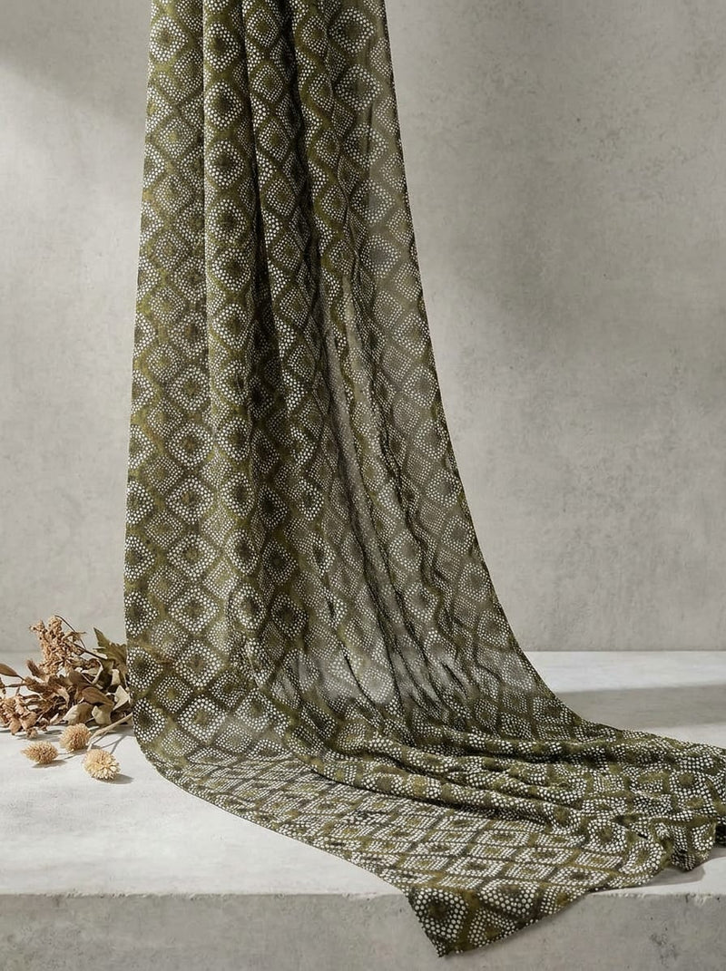 Olive Bohemian Dotted Diamond Pattern Pure Georgette Digital Printed Fabric