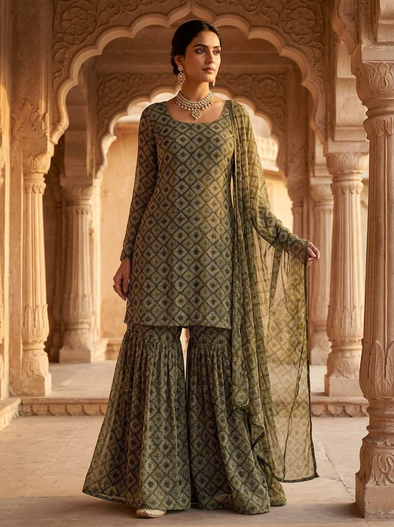 Olive Bohemian Dotted Diamond Pattern Pure Georgette Digital Printed Fabric