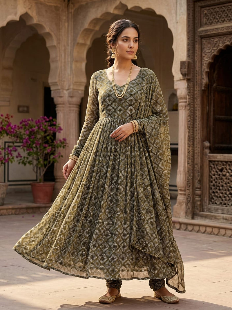 Olive Bohemian Dotted Diamond Pattern Pure Georgette Digital Printed Fabric