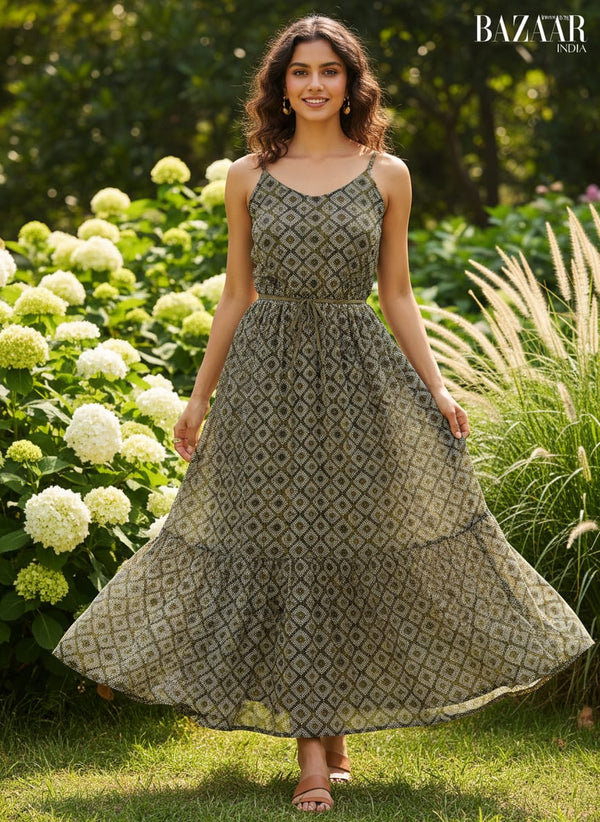Beautiful Geometric Diamond Cut Glass Digital Printed Fabric - Pure Chinon - Flowy Maxi Dress Lookbook - PC-0-TA0080-106 - alternate view
