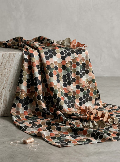 Multicolor Geometric Hexagonal Tile Kora Silk Digital Printed Fabric