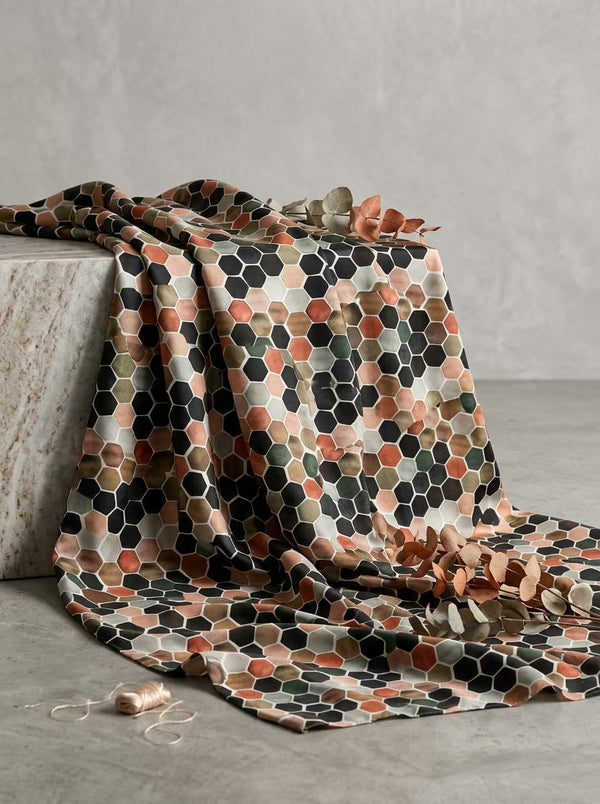 Multicolor Geometric Hexagonal Tile Kora Silk Digital Printed Fabric - Fabric Editorial Studio Flatlay Lookbook - KS-0-TA0081-110