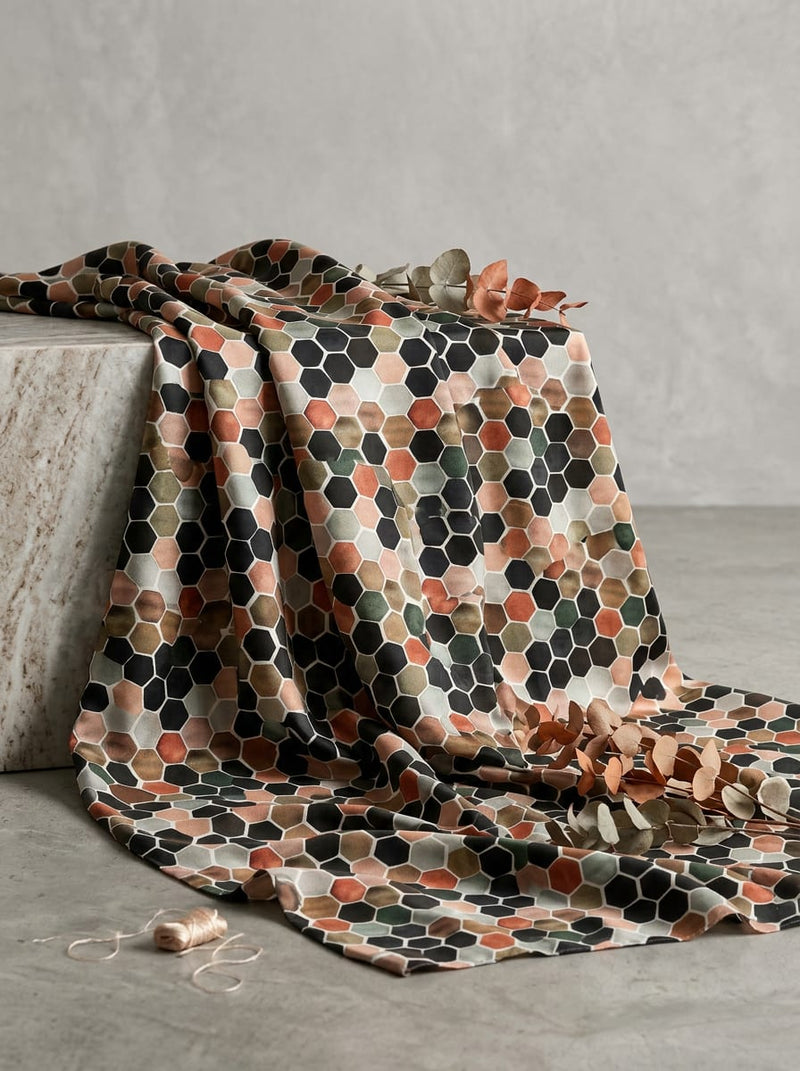 Multicolor Geometric Hexagonal Tile Kora Silk Digital Printed Fabric