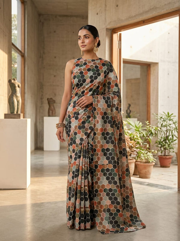Multicolor Geometric Hexagonal Tile Kora Silk Digital Printed Fabric - Saree Lookbook - KS-0-TA0081-110 - alternate view