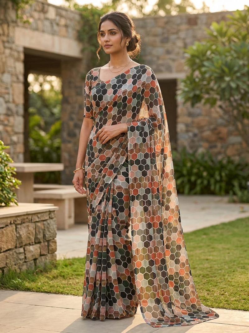 Multicolor Hexagonal Tile Geometric Pure Georgette Digital Printed Fabric