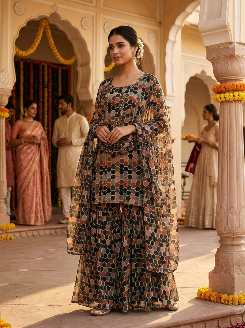 Multicolor Hexagonal Tile Geometric Pure Georgette Digital Printed Fabric
