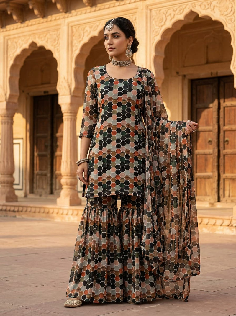 Multicolor Hexagonal Tile Geometric Pure Georgette Digital Printed Fabric