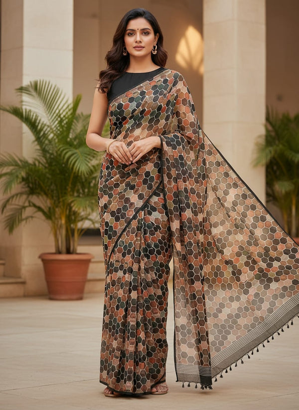Multicolor Geometric Hexagon Tile Pure Chinon Digital Printed Fabric - Saree Lookbook - PC-0-TA0081-106 - alternate view