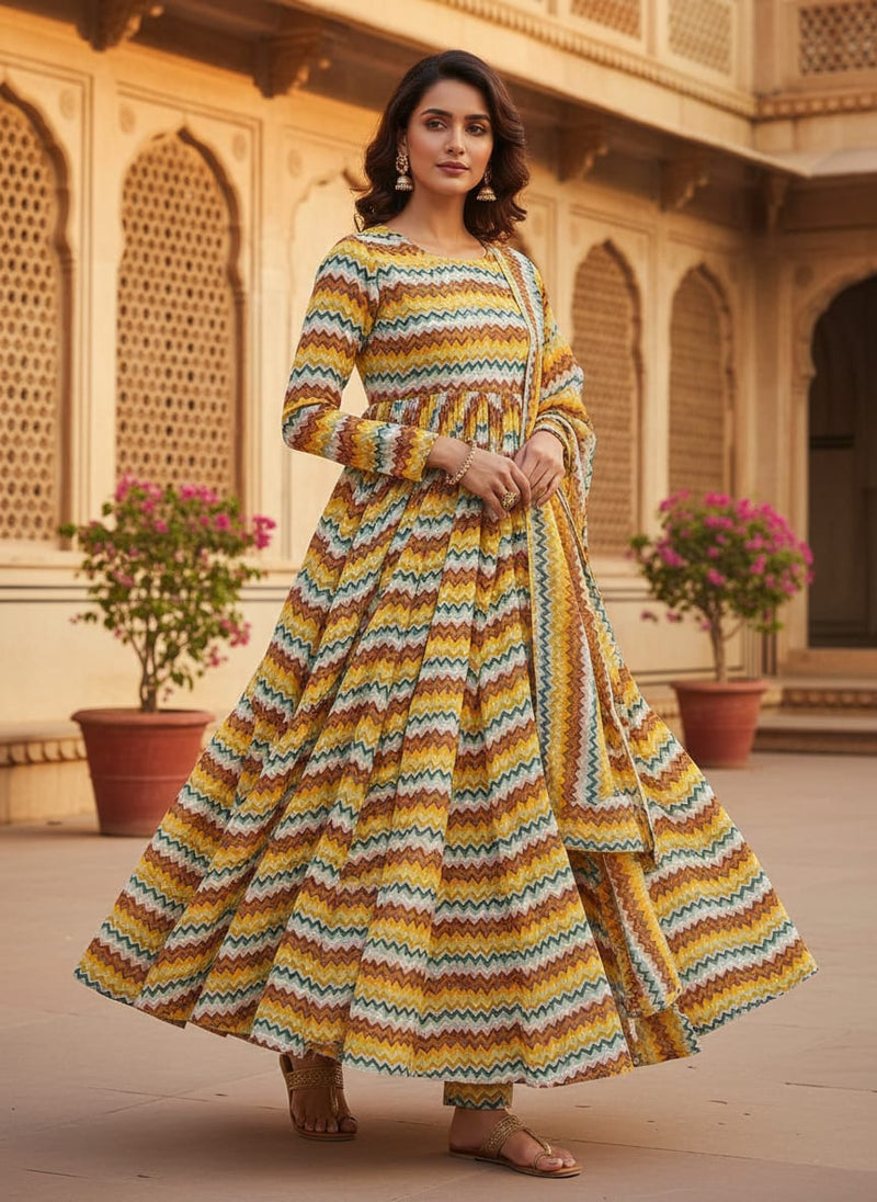 Classic Zigzag Multicolour Waves Digital Printed Fabric - Weightless