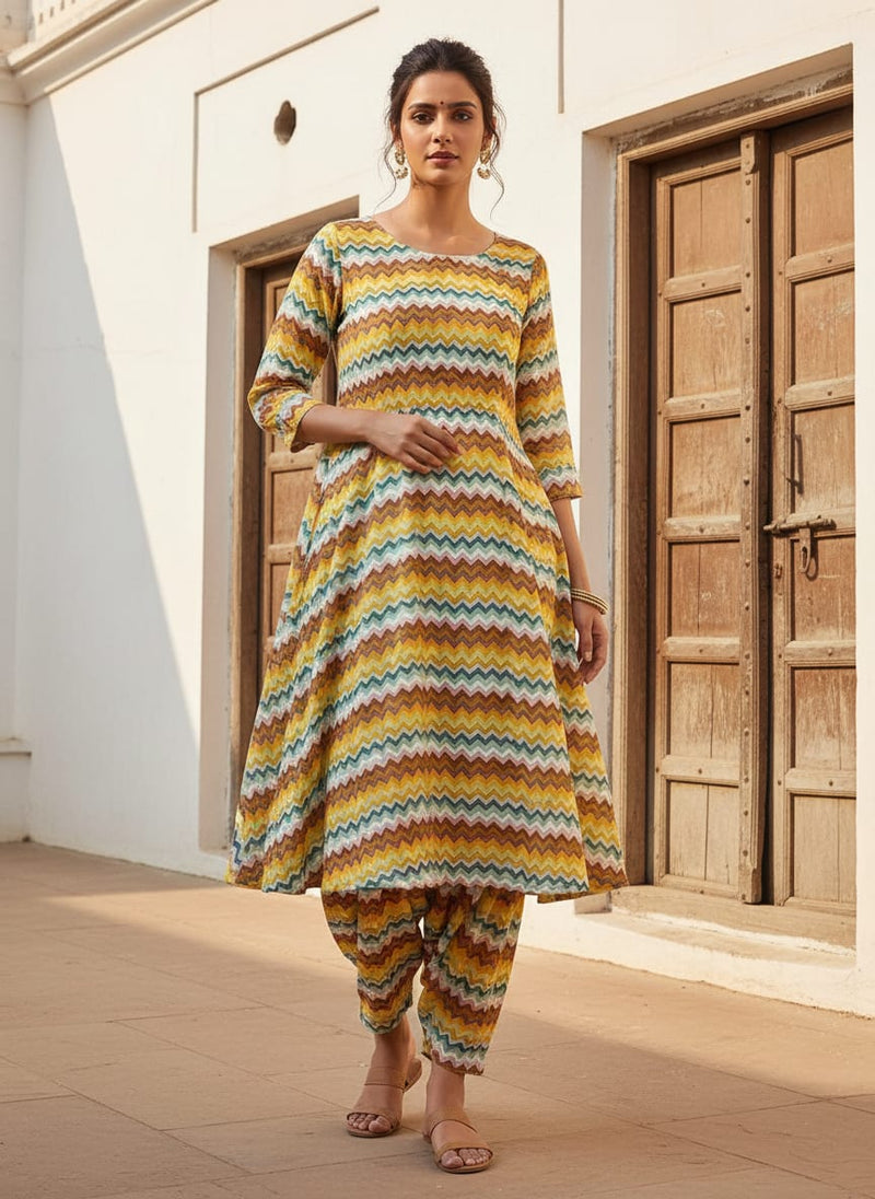 Classic Zigzag Multicolour Waves Digital Printed Fabric - Pure Muslin