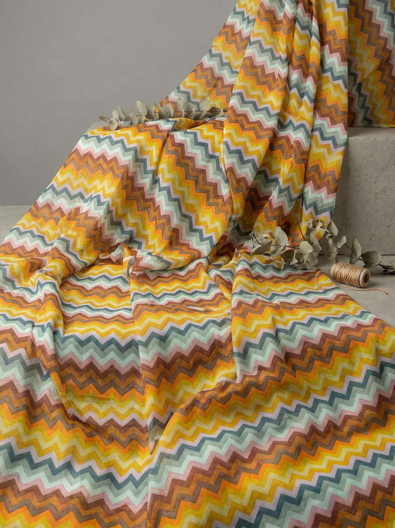 Multicolor Bohemian Chevron Stripe Pure Muslin Digital Printed Fabric