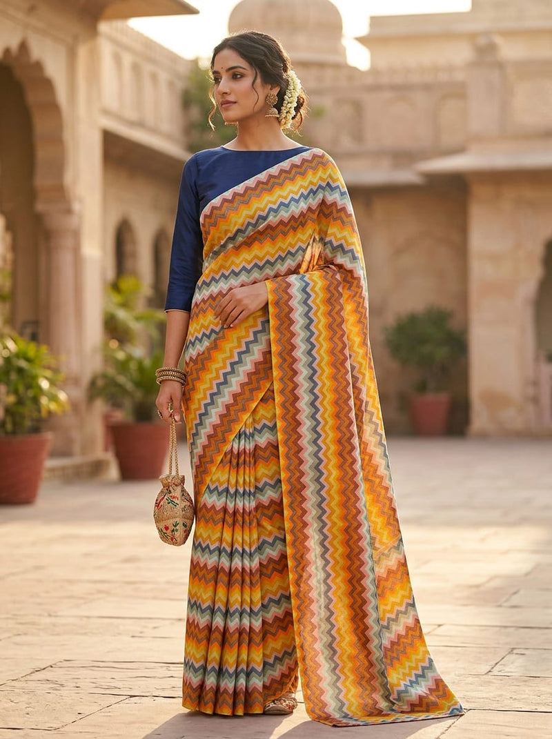 Multicolor Bohemian Zigzag Stripe Pattern Upada Silk Digital Printed Fabric