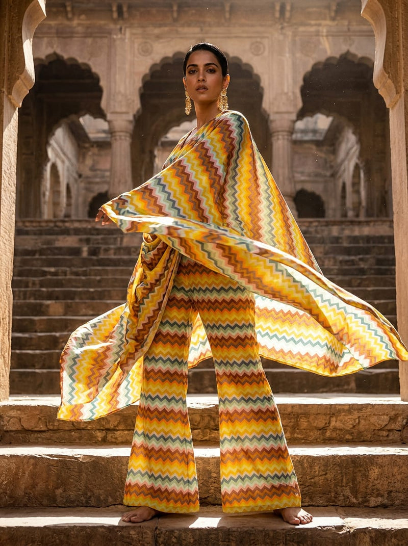 Multicolor Bohemian Zigzag Stripe Pattern Upada Silk Digital Printed Fabric
