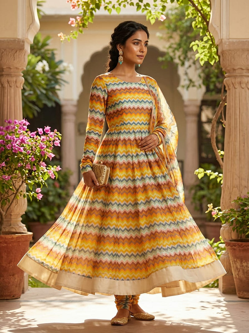 Multicolor Bohemian Zigzag Stripe Pattern Upada Silk Digital Printed Fabric