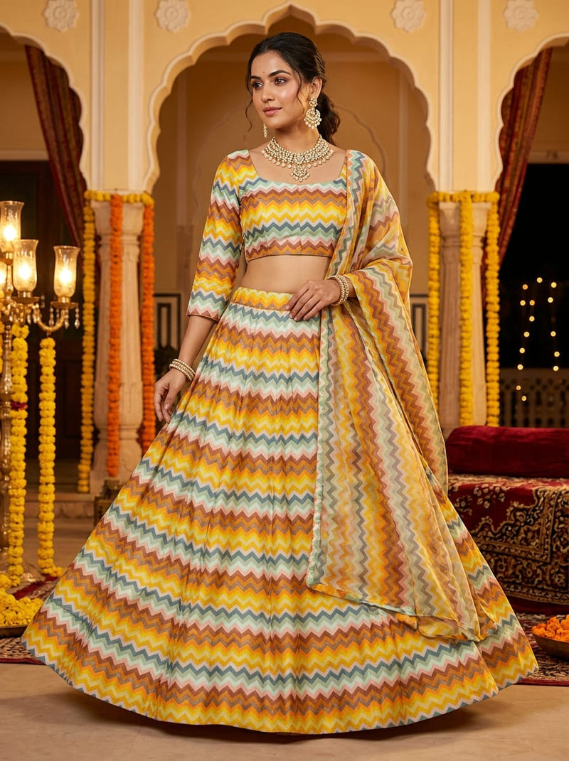 Multicolor Bohemian Zigzag Stripe Pattern Upada Silk Digital Printed Fabric