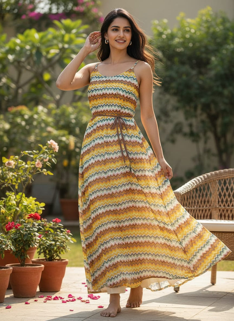 Classic Zigzag Multicolour Waves Digital Printed Fabric - Pure Georgette