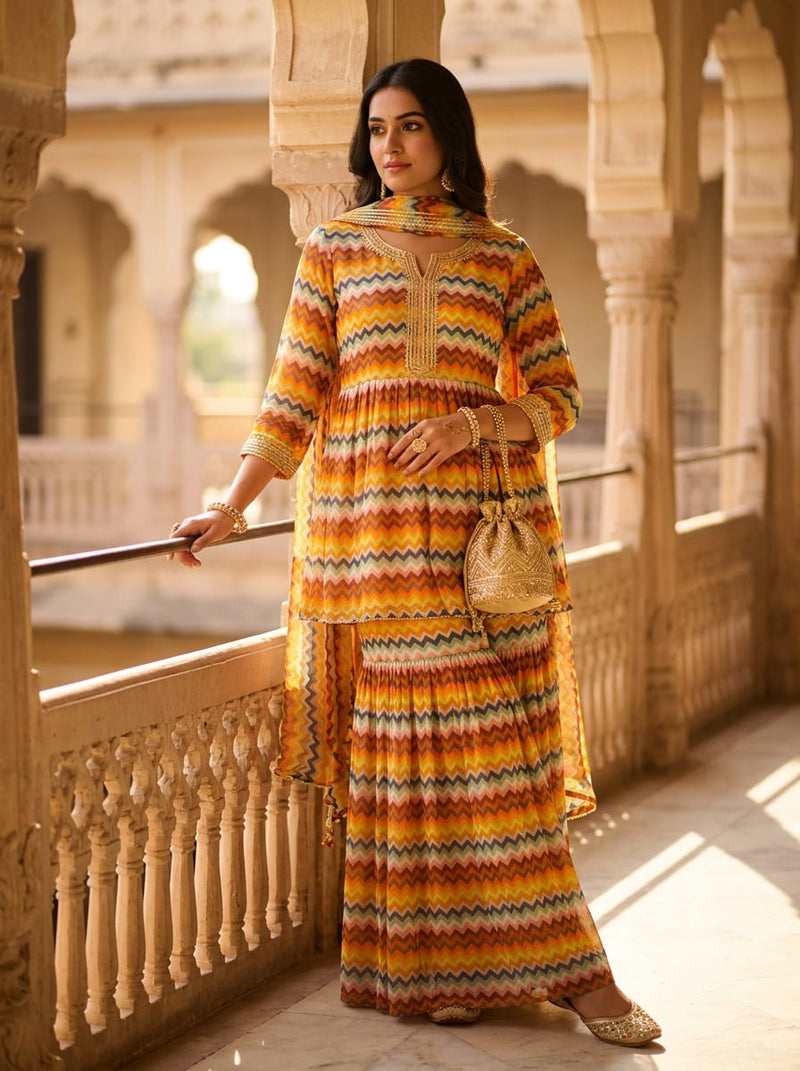 Multicolor Colorful Chevron Zigzag Pattern Pure Georgette Digital Printed Fabric
