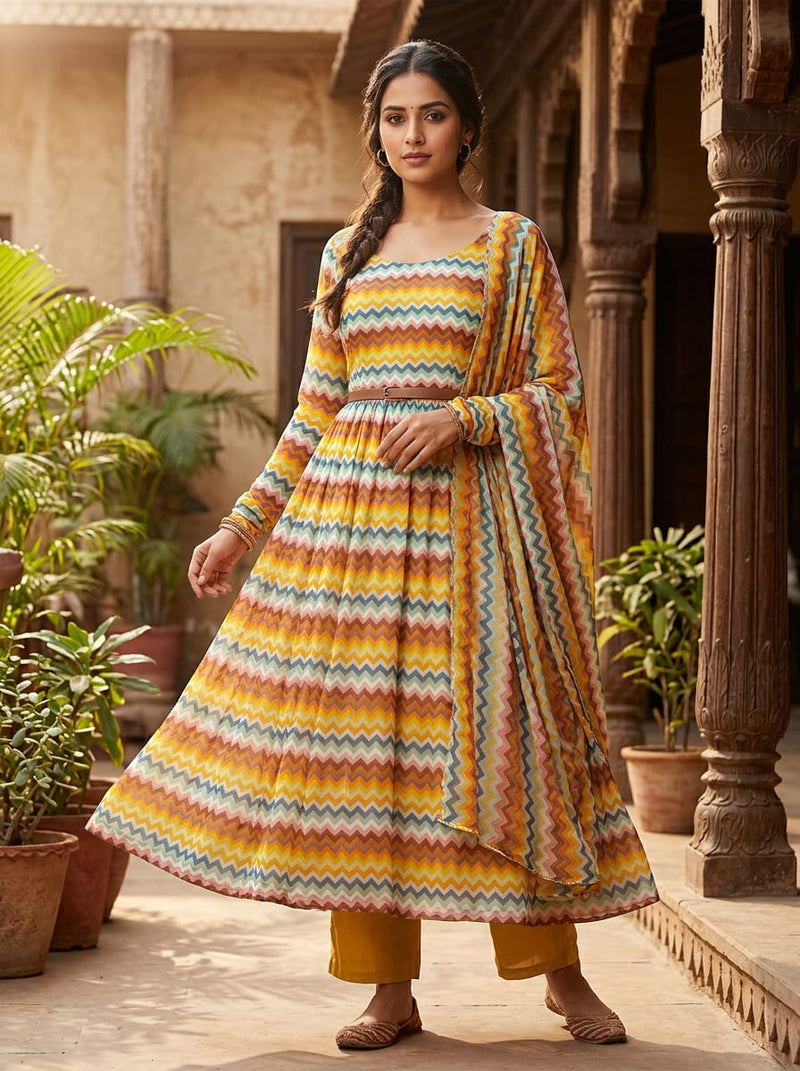 Multicolor Colorful Chevron Zigzag Pattern Pure Georgette Digital Printed Fabric