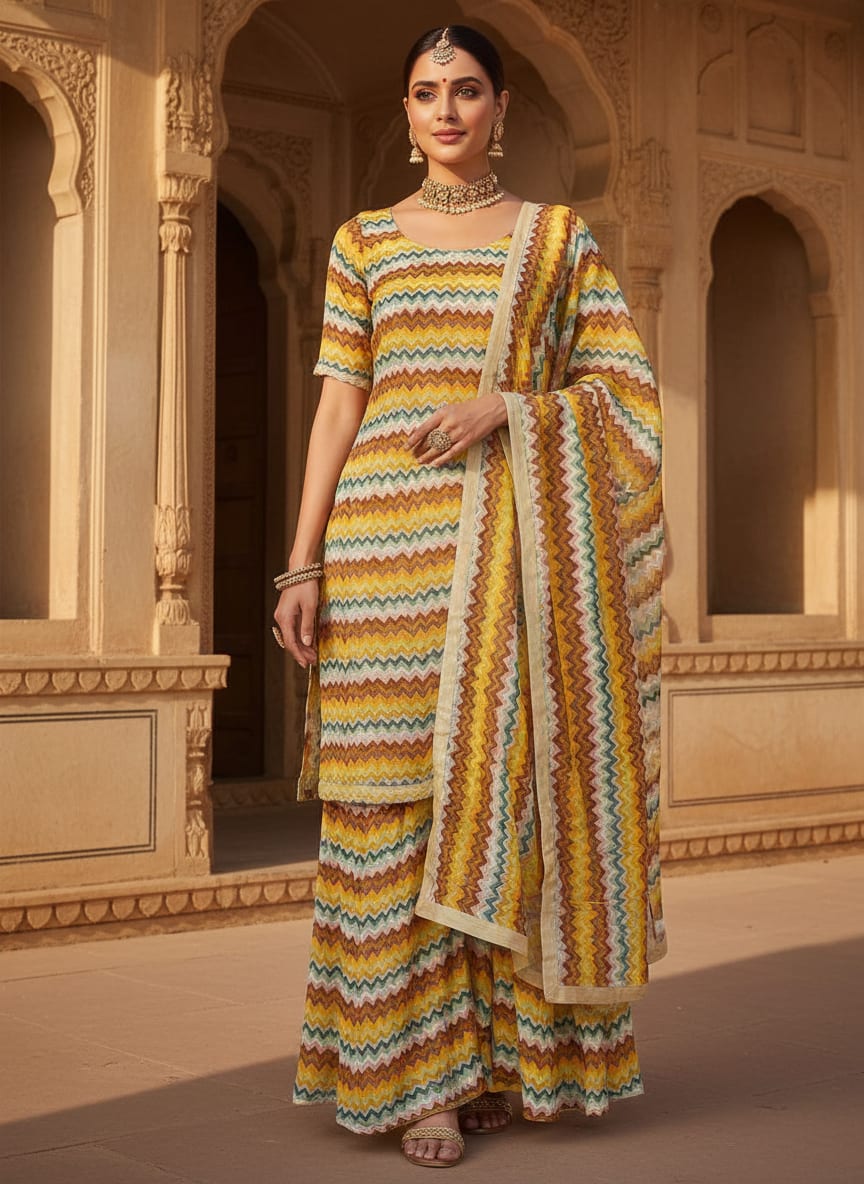 Multicolor Bohemian Chevron Stripe Pure Chinon Digital Printed Fabric
