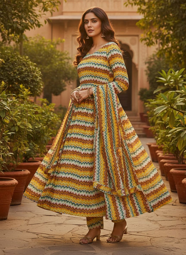 Classic Zigzag Multicolour Waves Digital Printed Fabric - Pure Chinon - Anarkali Kurta Set Lookbook - PC-0-TA0085-106 - alternate view