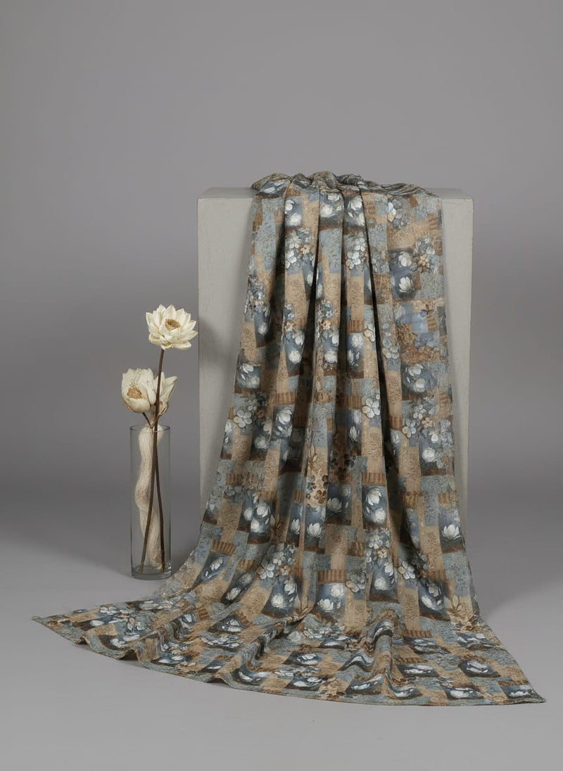 Vintage Bright White Flower With Cool Pattern Digital Printed Fabric - Kora Silk