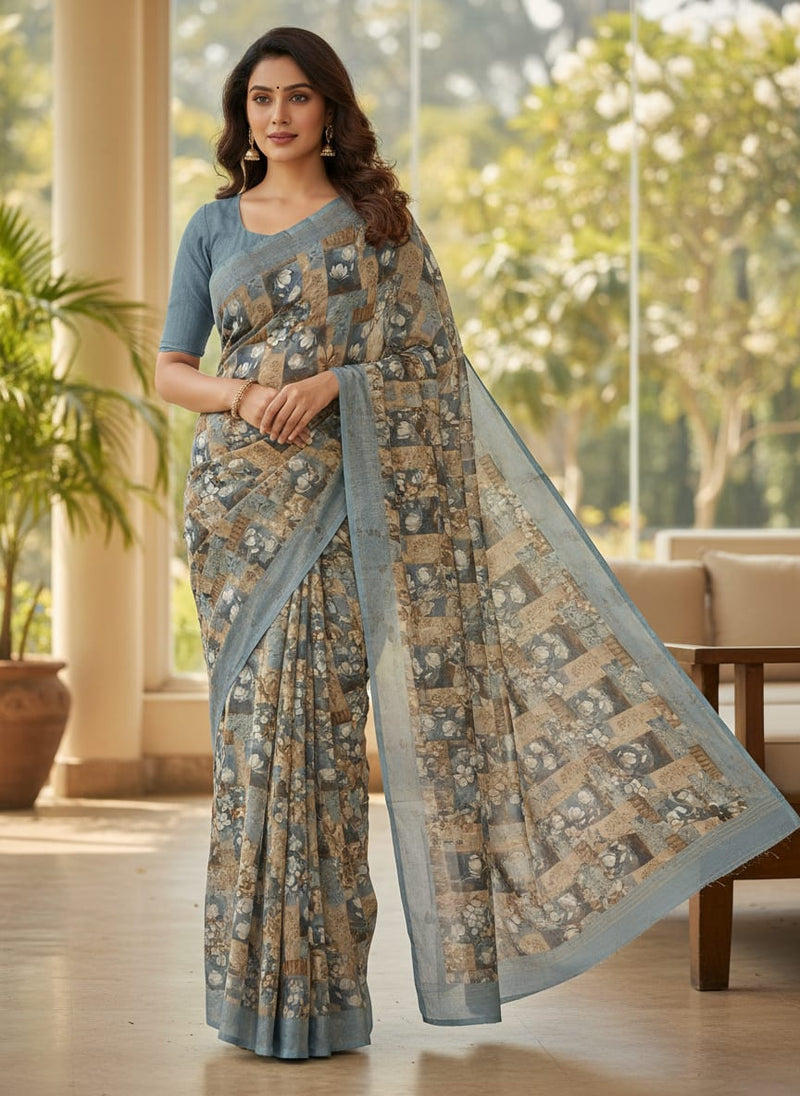 Vintage Bright White Flower With Cool Pattern Digital Printed Fabric - Kora Silk
